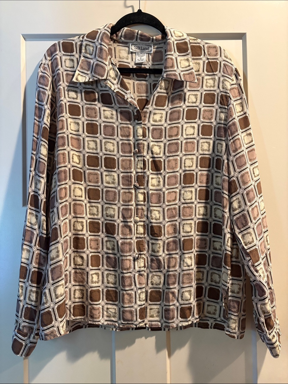 SilkLand Brown & Cream Button-Down Shirt - L - 100% Silk - Vintage Print